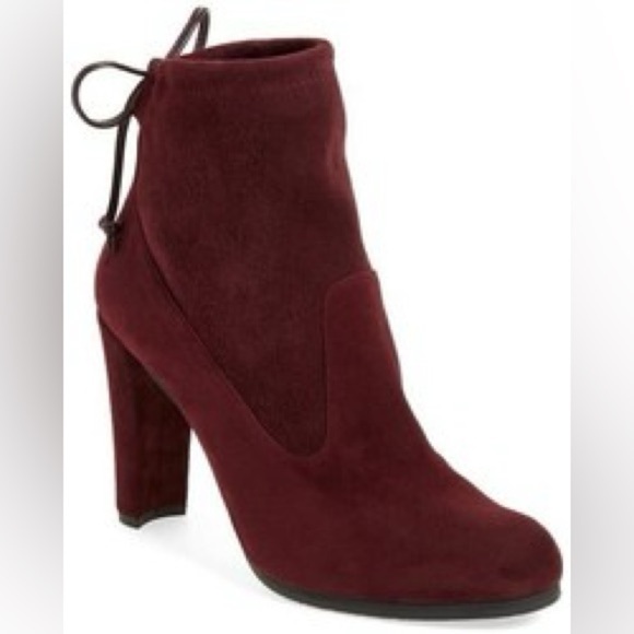 Stuart Weitzman Burgundy Suede Glove Tie Back Round Toe Heeled Ankle Bootie 12 - Picture 1 of 8